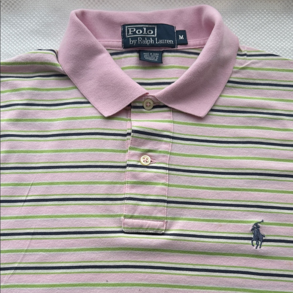 Ralph Lauren Pink and Green Striped Polo - Size Medium